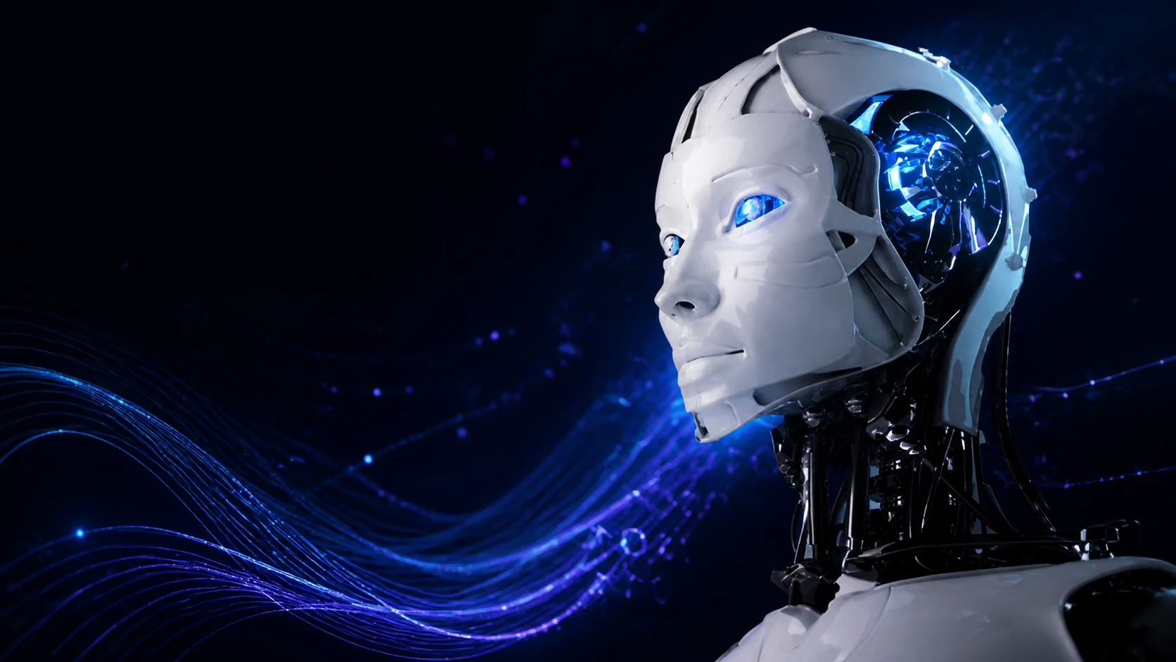 Androide futurista de Byte integrado a una red de conectividad